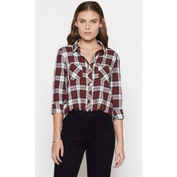 Soft Joie Eggplant Classic Plaid Double Pocket Roll Tab Sleeve Shirt Button SM - Picture 1 of 10